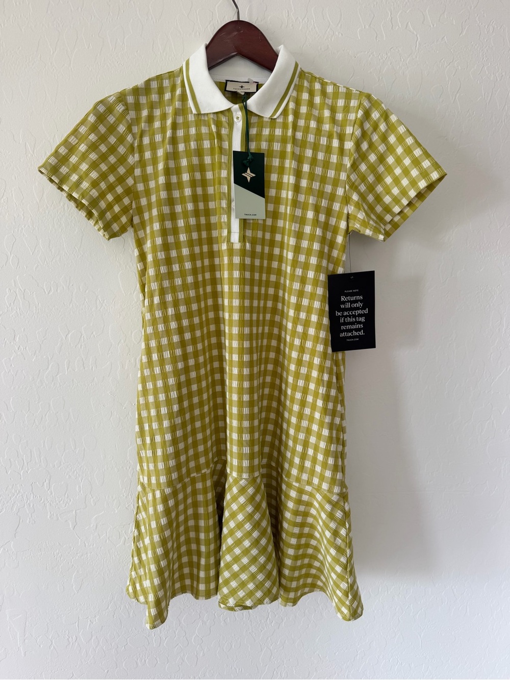 NWT Tuckernuck Light Green Gingham Ruffle Hem Polo Dress Size S